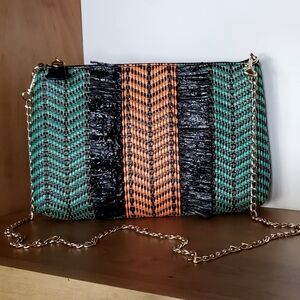 Elaine Turner Woven Rafia Teal/Orange/Black Gold Chain Convertible Bag EUC